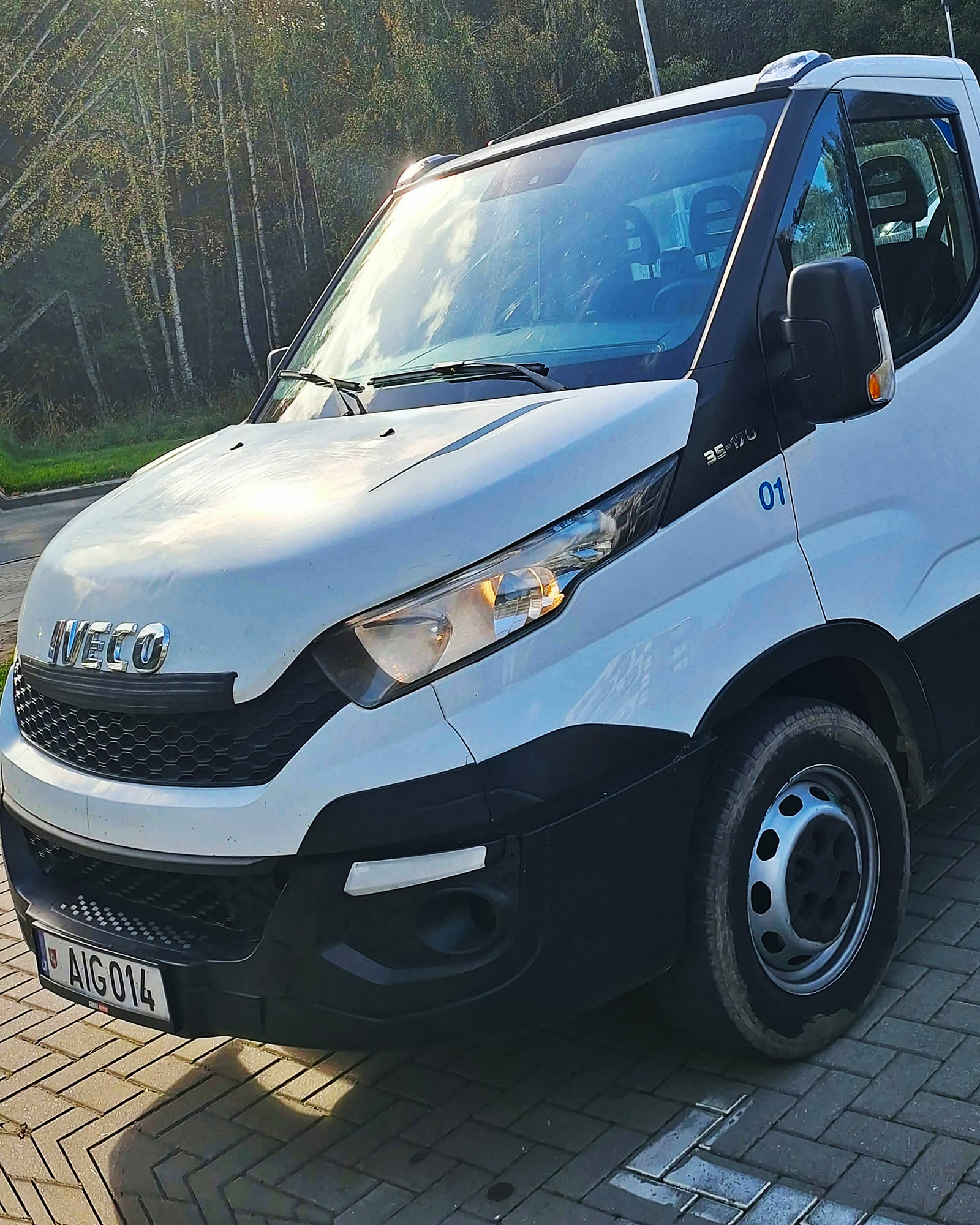 Baltas Iveco Daily tralas iš priekio, už jo – miškas